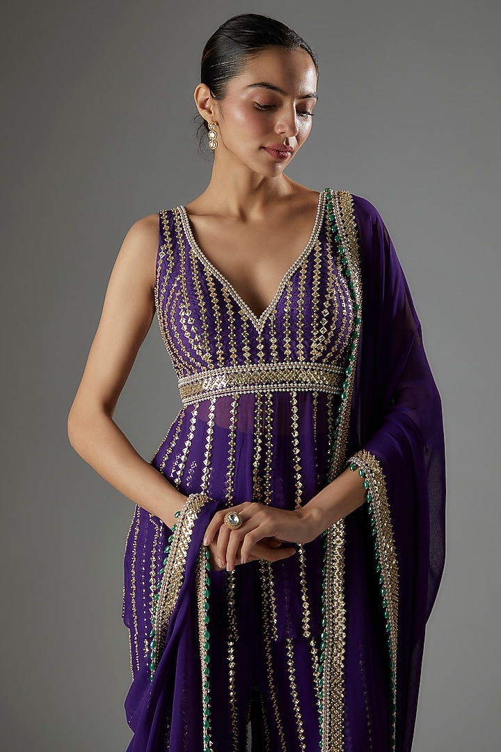 Purple Georgette Sequins & Beaded Embroidered Kurta Set by Kresha Lulla at Pernia's Pop Up Shop
