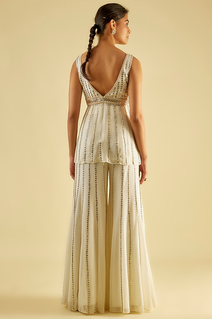 Ivory & Gold Georgette Sequin Embroidered Wedding Sharara Set by Kresha Lulla at Pernia's Pop Up Shop