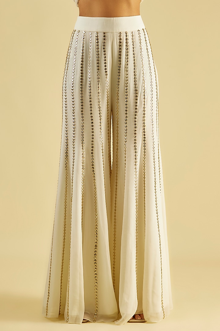 Ivory & Gold Georgette Sequin Embroidered Wedding Sharara Set by Kresha Lulla at Pernia's Pop Up Shop