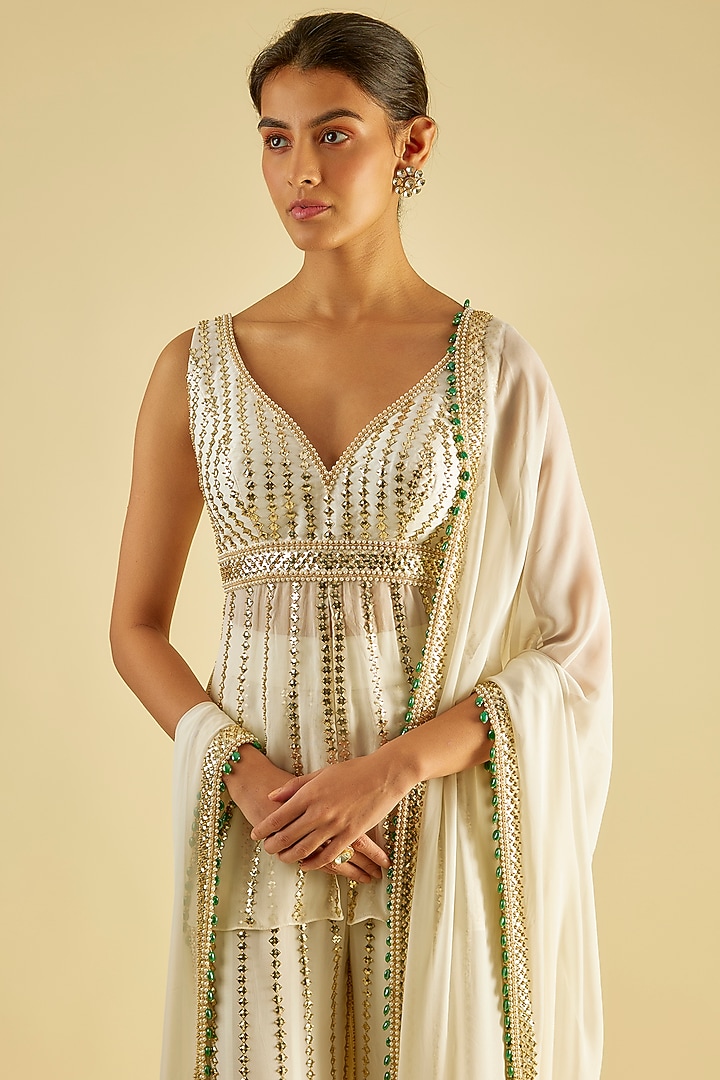 Ivory & Gold Georgette Sequin Embroidered Wedding Sharara Set by Kresha Lulla at Pernia's Pop Up Shop