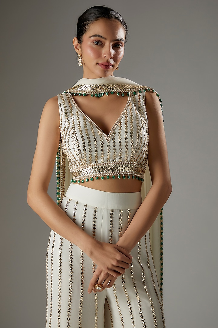 Ivory Georgette & Raw Silk Sequins Embroidered Bridal Sharara Set by Kresha Lulla at Pernia's Pop Up Shop