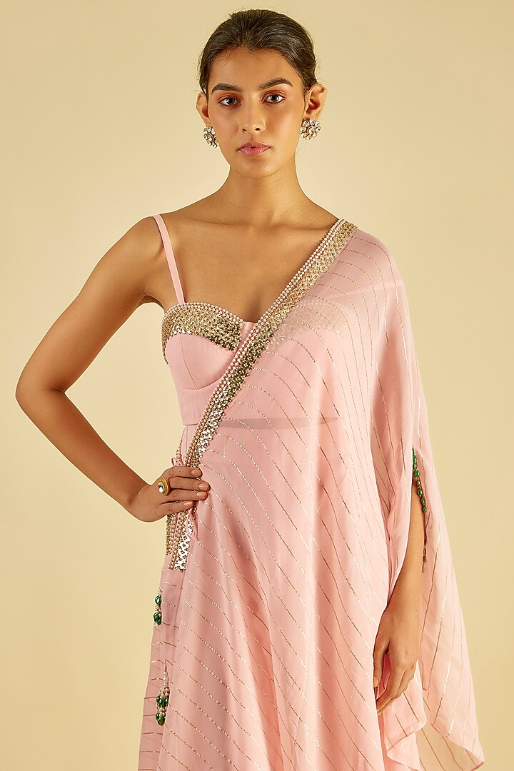Pastel Pink Georgette Sequin Embroidered Asymmetric Cape Set by Kresha Lulla at Pernia's Pop Up Shop