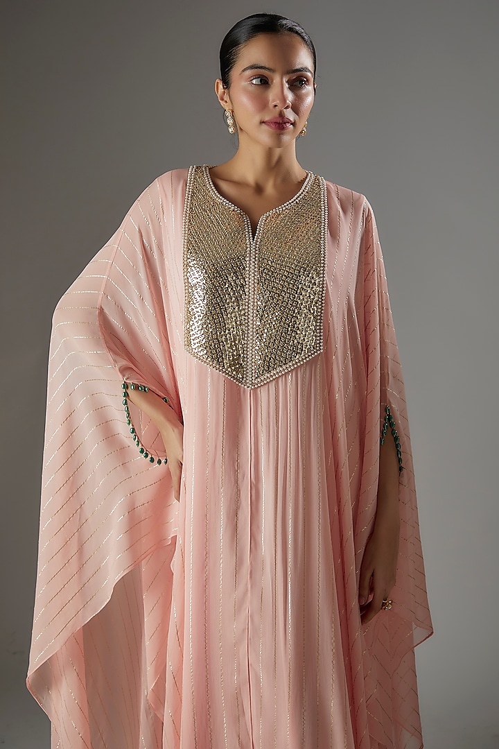 Pastel Pink Georgette Sequins & Bead Embroidered Kaftan With Slip by Kresha Lulla at Pernia's Pop Up Shop