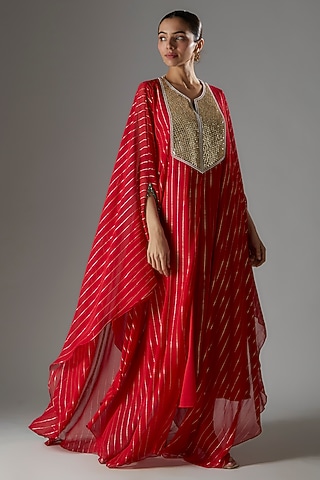 Red Georgette Sequins & Bead Embroidered Kaftan With Slip by Kresha Lulla