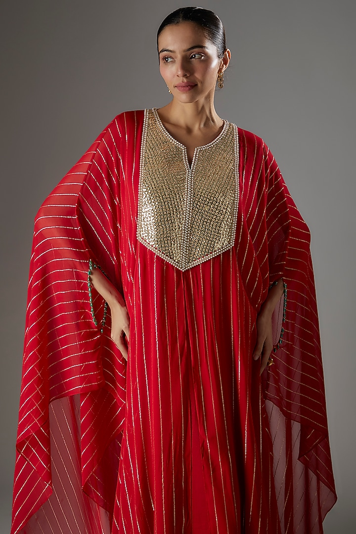 Red Georgette Sequins & Bead Embroidered Kaftan With Slip by Kresha Lulla at Pernia's Pop Up Shop