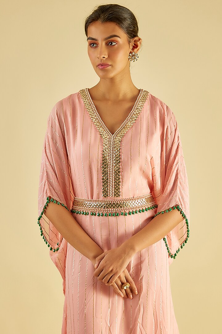 Pastel Pink Georgette Embroidered Kaftan by Kresha Lulla at Pernia's Pop Up Shop