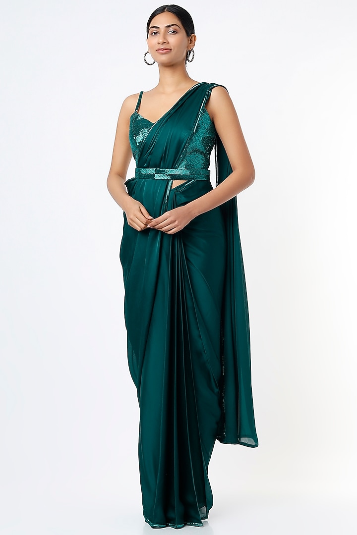 Teal Blue Satin Wedding Saree Set With Belt by Kresha Lulla at Pernia's Pop Up Shop