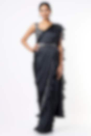 Dark Grey Satin Saree Set With Belt by Kresha Lulla at Pernia's Pop Up Shop