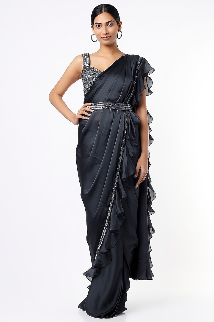 Dark Grey Satin Saree Set With Belt by Kresha Lulla at Pernia's Pop Up Shop