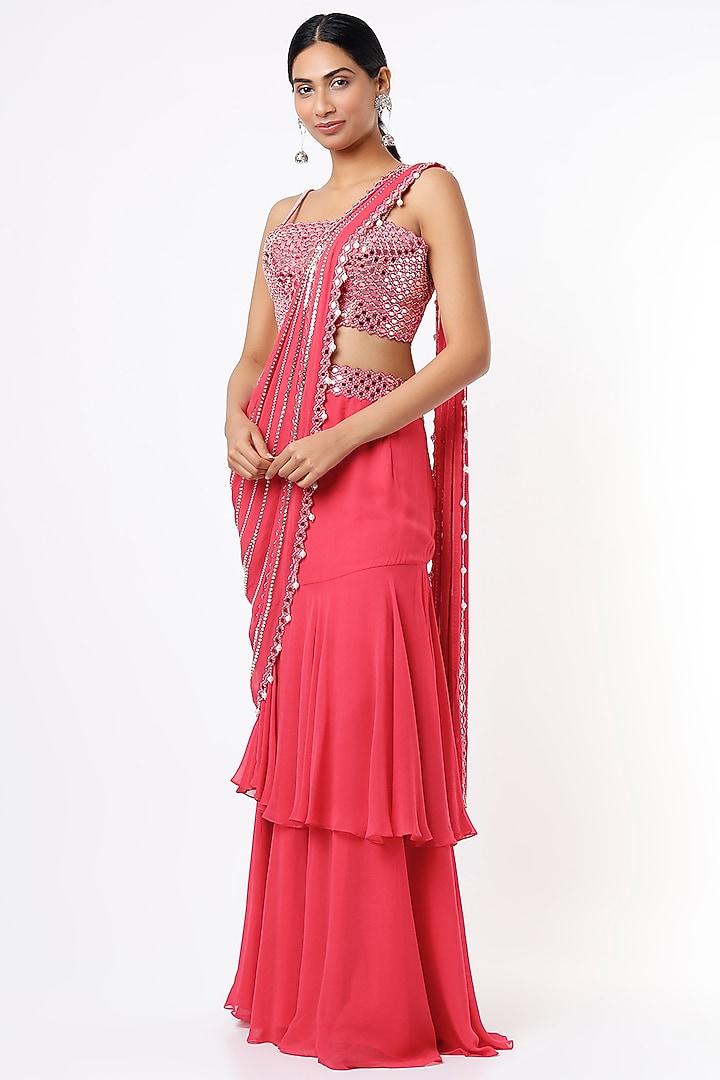 Bright Pink Georgette Mirror Work Ruffled Tiered Wedding Saree Set by Kresha Lulla at Pernia's Pop Up Shop