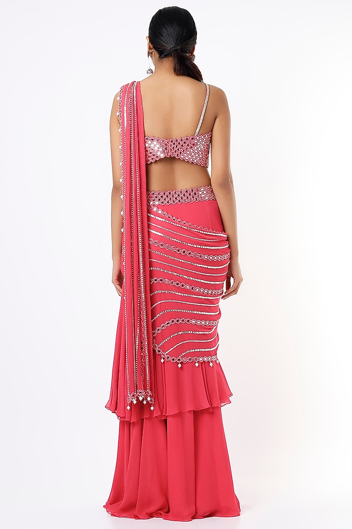 Bright Pink Georgette Mirror Work Ruffled Tiered Wedding Saree Set by Kresha Lulla at Pernia's Pop Up Shop