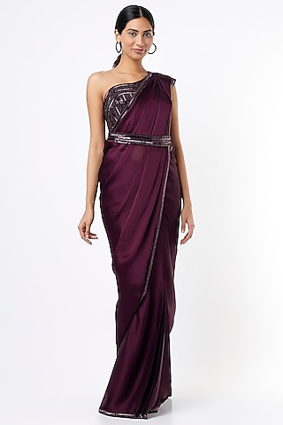 Purple Satin Georgette Sequins Embroidered Saree Set With Belt by Kresha Lulla