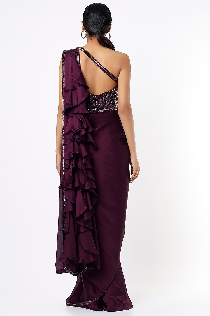 Purple Satin Georgette Sequins Embroidered Wedding Saree Set With Belt by Kresha Lulla at Pernia's Pop Up Shop