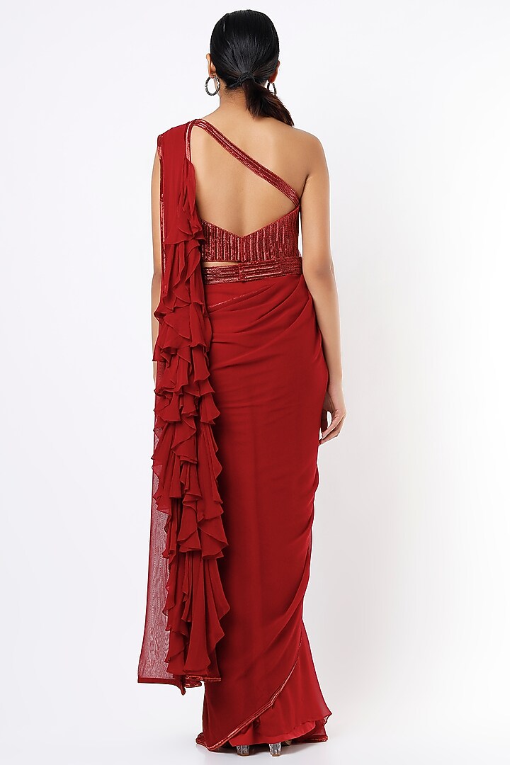 Maroon Georgette Wedding Saree Set With Belt by Kresha Lulla at Pernia's Pop Up Shop
