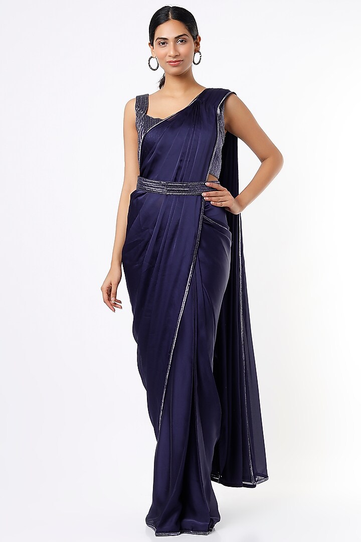 Navy Blue Ruffled Wedding Saree Set With Belt by Kresha Lulla at Pernia's Pop Up Shop