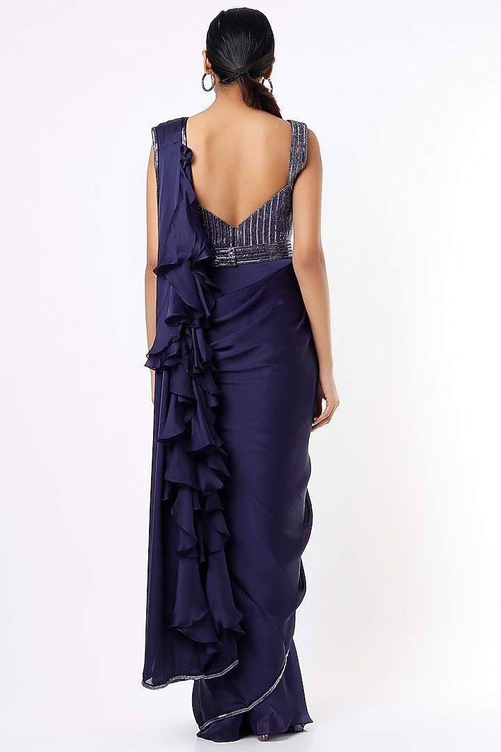 Navy Blue Ruffled Wedding Saree Set With Belt by Kresha Lulla at Pernia's Pop Up Shop