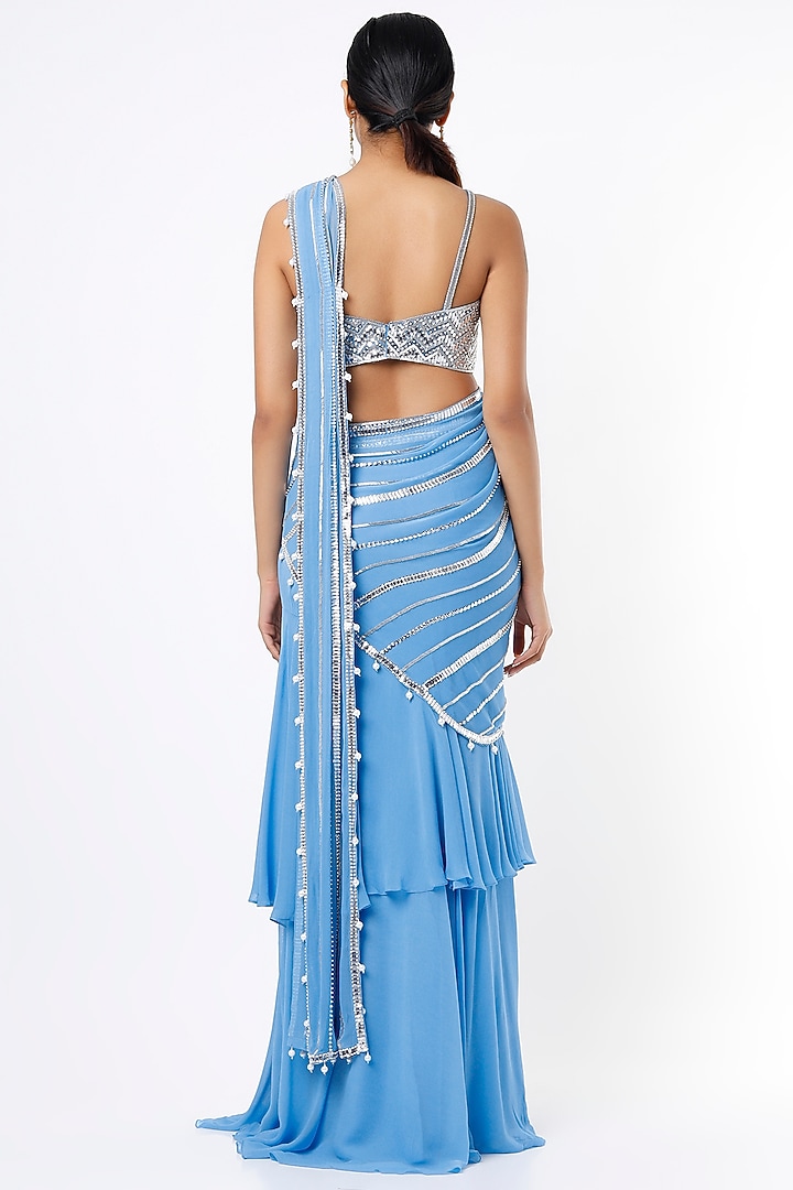 Ferozi Blue Georgette Sequins Embroidered Ruffled Wedding Saree Set With Belt by Kresha Lulla at Pernia's Pop Up Shop