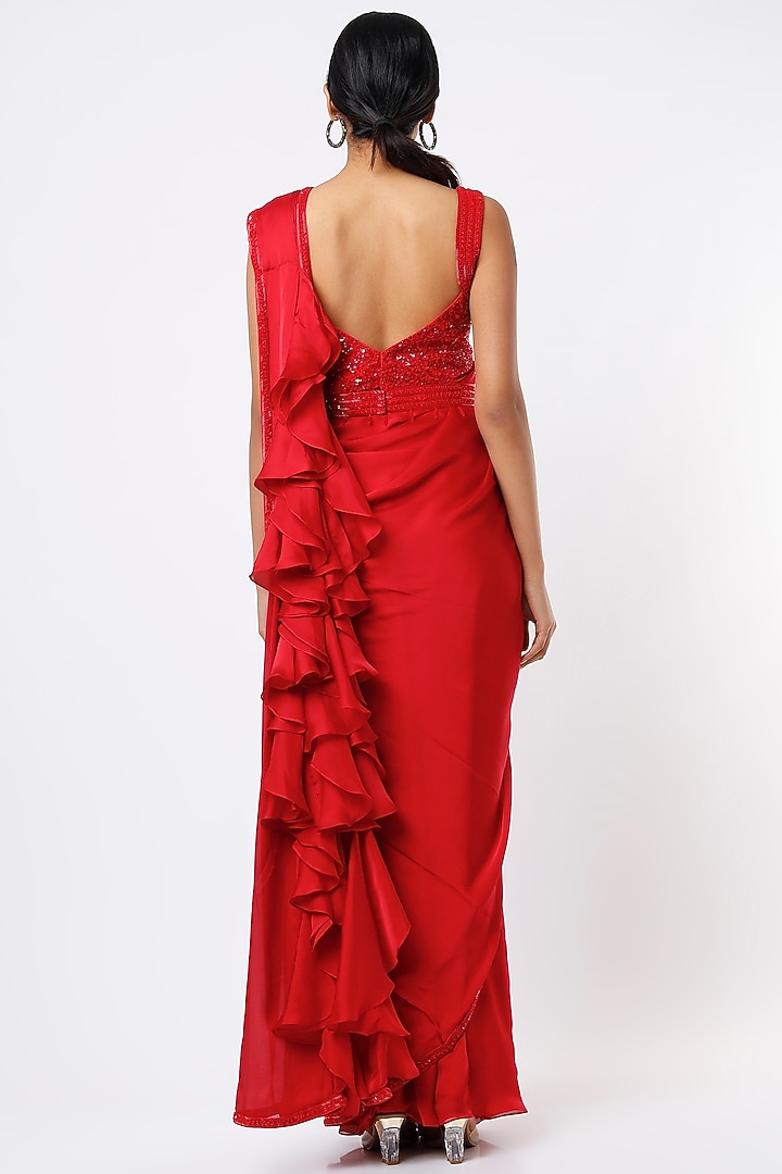 Red Embroidered Ruffled Wedding Saree Set by Kresha Lulla at Pernia's Pop Up Shop