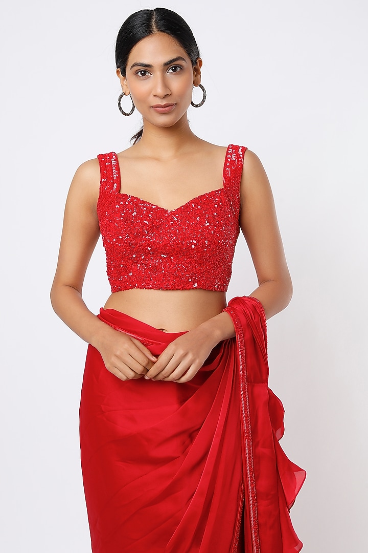 Red Embroidered Ruffled Wedding Saree Set by Kresha Lulla at Pernia's Pop Up Shop