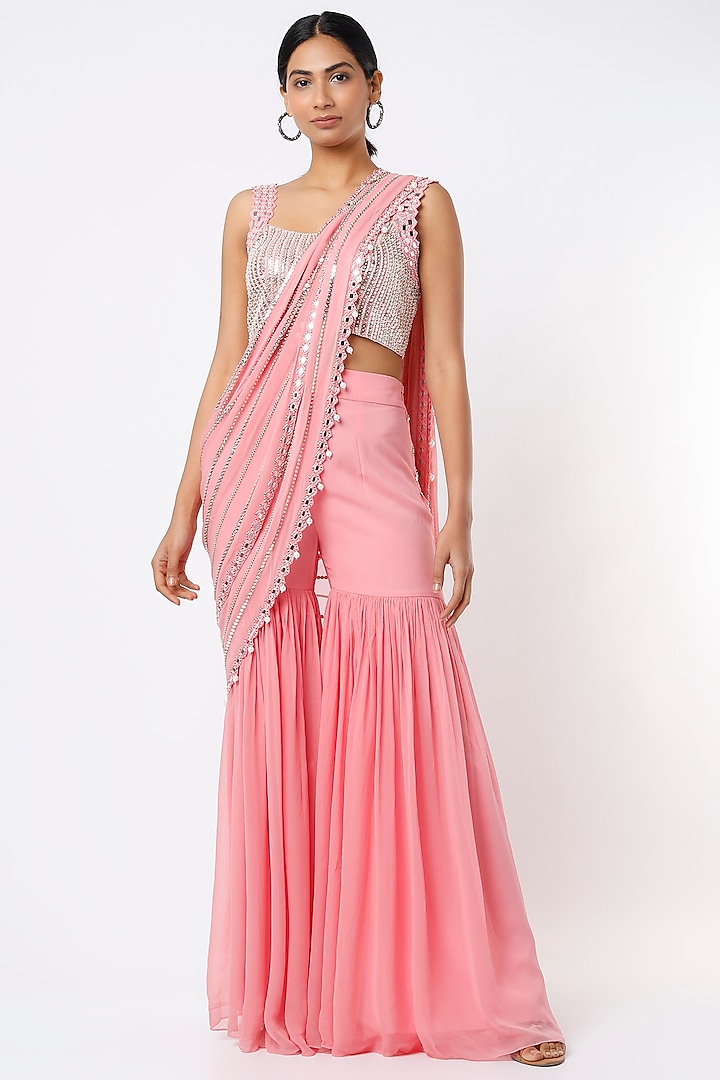 Blush Pink Embroidered Sharara Saree Set by Kresha Lulla