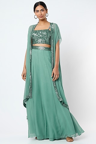 Sage Green Embroidered Cape Set by Kresha Lulla