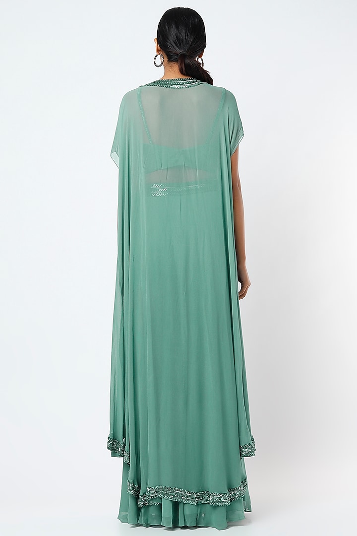 Sage Green Embroidered Cape Set by Kresha Lulla at Pernia's Pop Up Shop