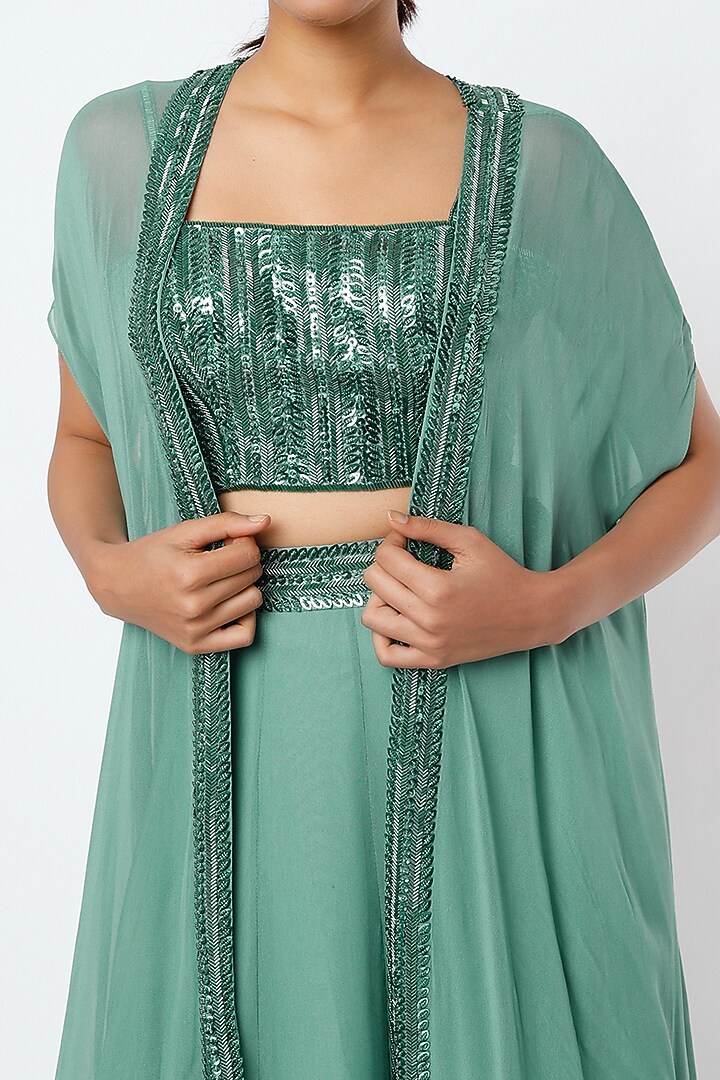 Sage Green Embroidered Cape Set by Kresha Lulla at Pernia's Pop Up Shop