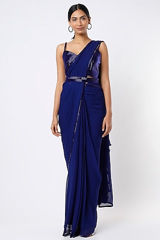 Midnight Blue Embroidered Ruffled Saree Set by Kresha Lulla