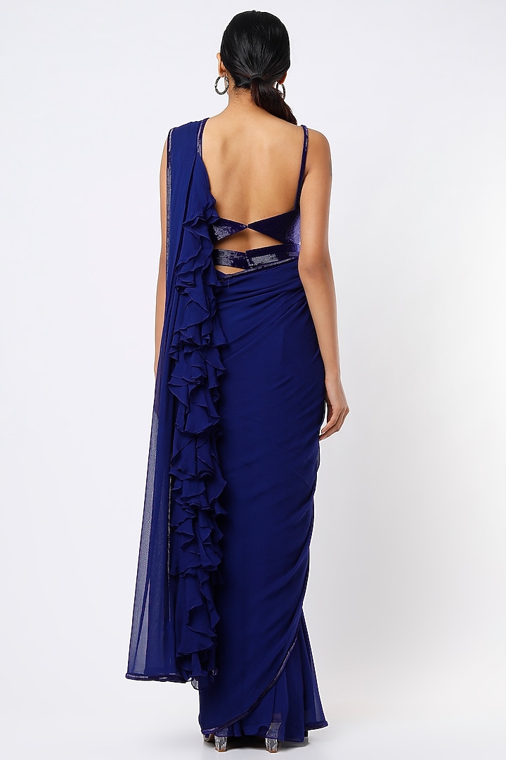 Midnight Blue Embroidered Ruffled Wedding Saree Set by Kresha Lulla at Pernia's Pop Up Shop