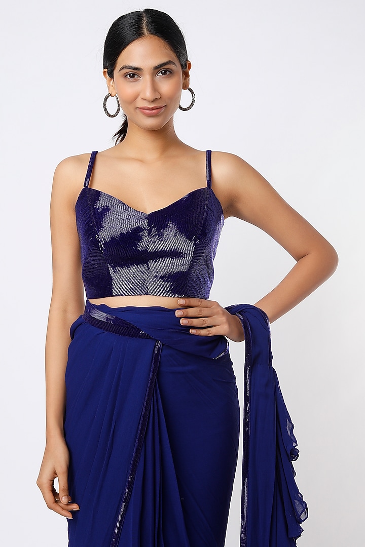 Midnight Blue Embroidered Ruffled Wedding Saree Set by Kresha Lulla at Pernia's Pop Up Shop