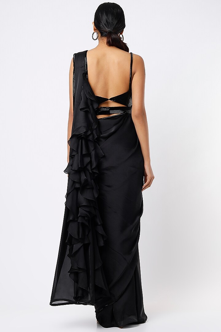 Black Raw Silk & Georgette Sequins Embroidered Ruffled Wedding Saree Set by Kresha Lulla at Pernia's Pop Up Shop