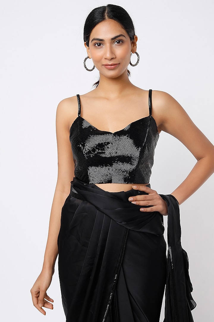 Black Raw Silk & Georgette Sequins Embroidered Ruffled Wedding Saree Set by Kresha Lulla at Pernia's Pop Up Shop