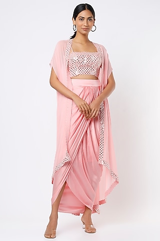 Blush Pink Raw Silk & Georgette Dhoti Set by Kresha Lulla
