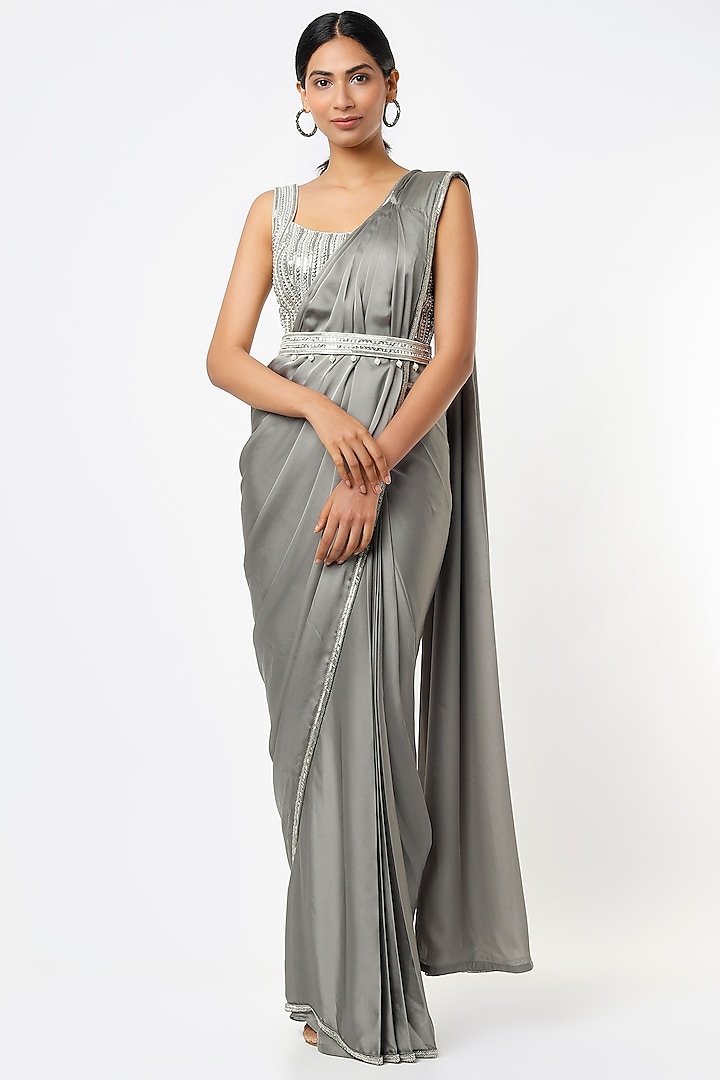 Silver Grey Satin Georgette Sequins Embroidered Saree Set by Kresha Lulla