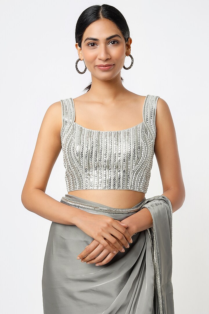 Silver Grey Satin Georgette Sequins Embroidered Wedding Saree Set by Kresha Lulla at Pernia's Pop Up Shop