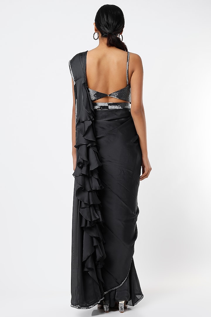 Dark Grey Satin Georgette Sequins Embroidered Wedding Saree Set by Kresha Lulla at Pernia's Pop Up Shop