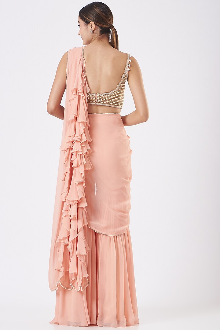 Peach Georgette & Raw Silk Pearl Work Sharara Wedding Saree Set by Kresha Lulla at Pernia's Pop Up Shop
