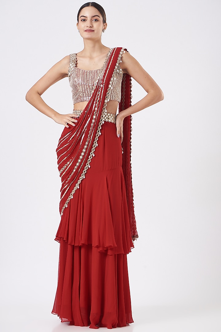 Red Ruffled Pre-Stitched Saree Set by Kresha Lulla
