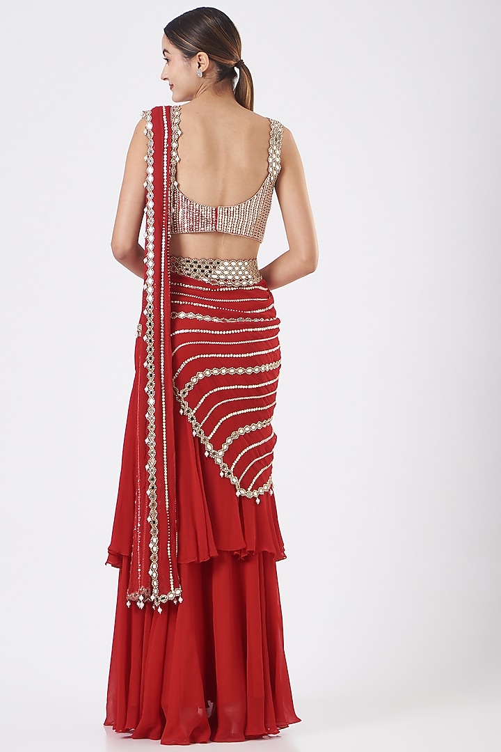 Red Ruffled Pre-Stitched Wedding Saree Set by Kresha Lulla at Pernia's Pop Up Shop