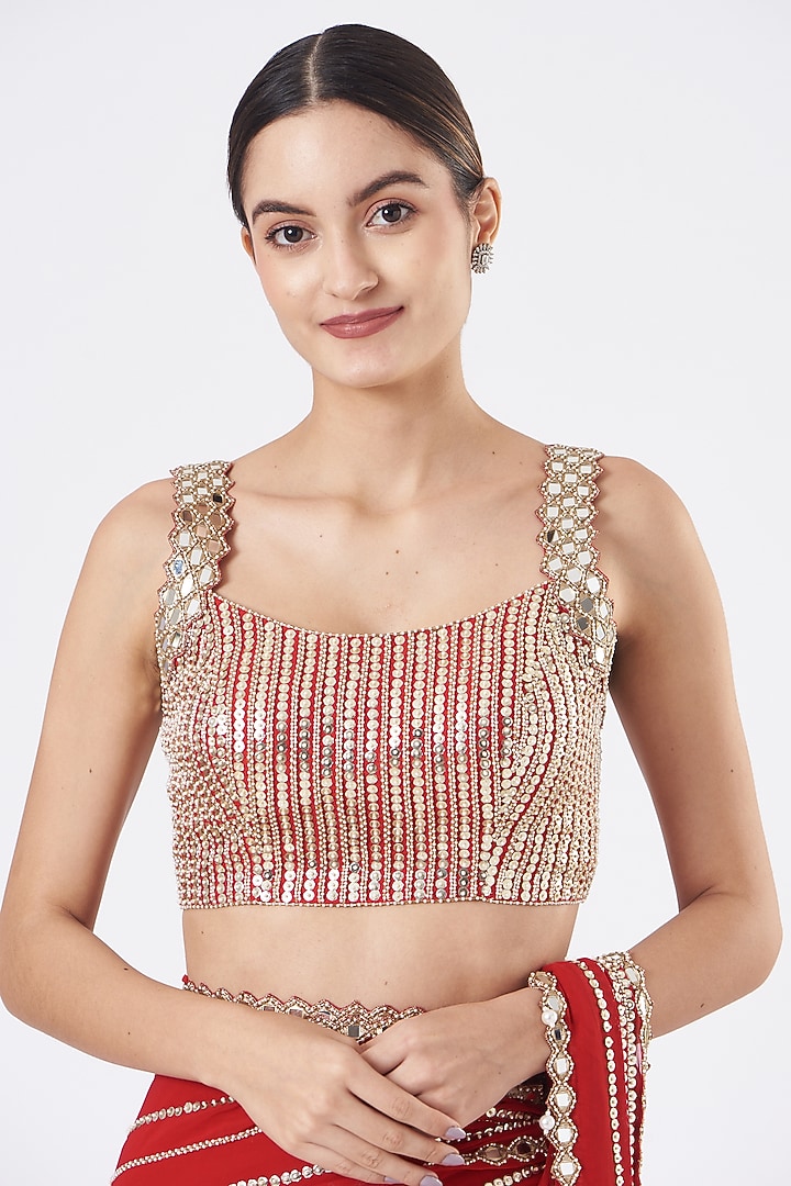 Red Ruffled Pre-Stitched Wedding Saree Set by Kresha Lulla at Pernia's Pop Up Shop