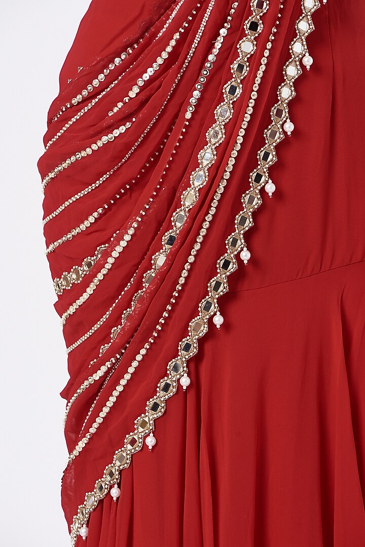 Red Ruffled Pre-Stitched Wedding Saree Set by Kresha Lulla at Pernia's Pop Up Shop