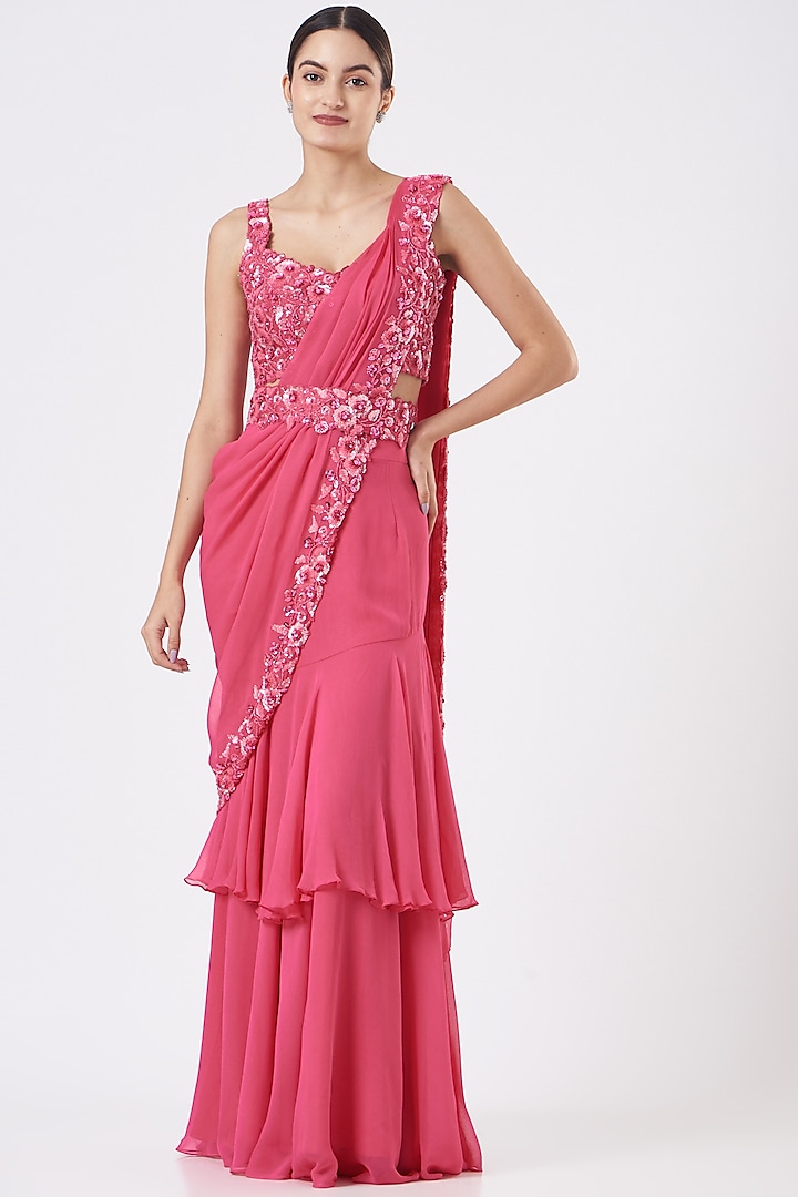 Fuschia Ruffled Pre-Stitched Wedding Saree Set by Kresha Lulla at Pernia's Pop Up Shop