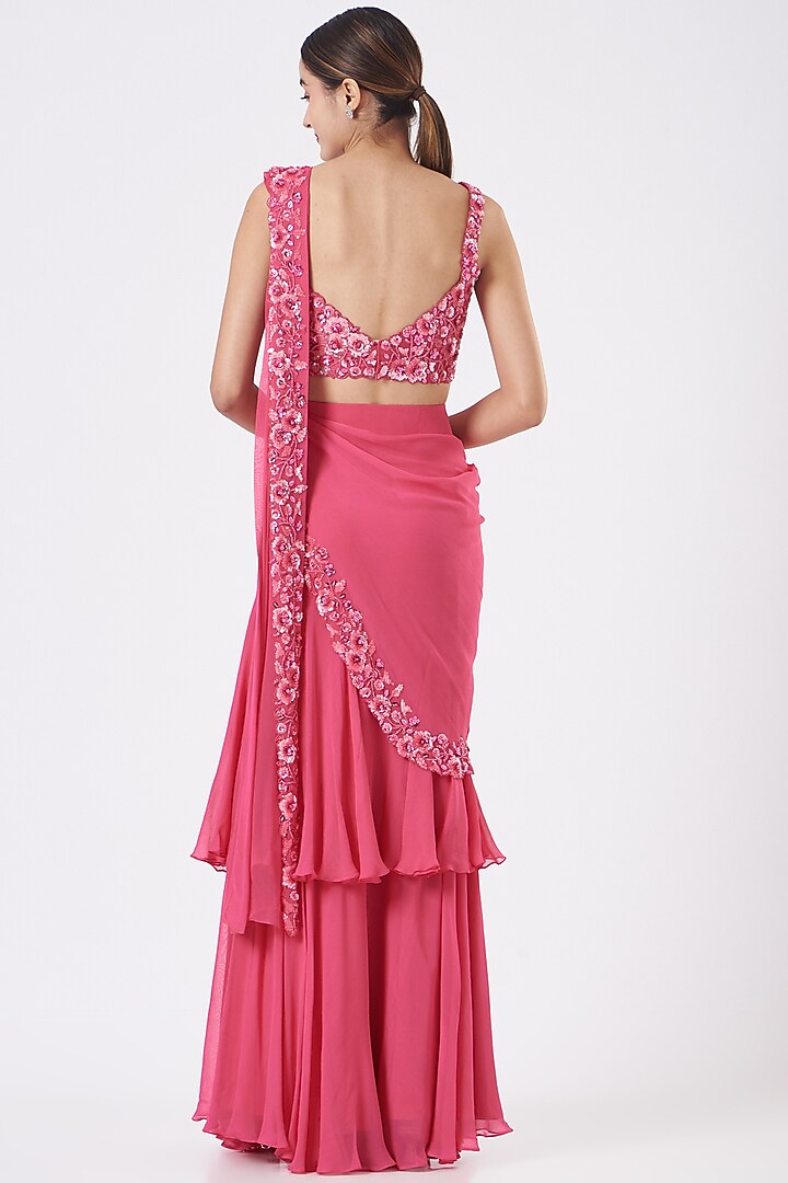 Fuschia Ruffled Pre-Stitched Wedding Saree Set by Kresha Lulla at Pernia's Pop Up Shop