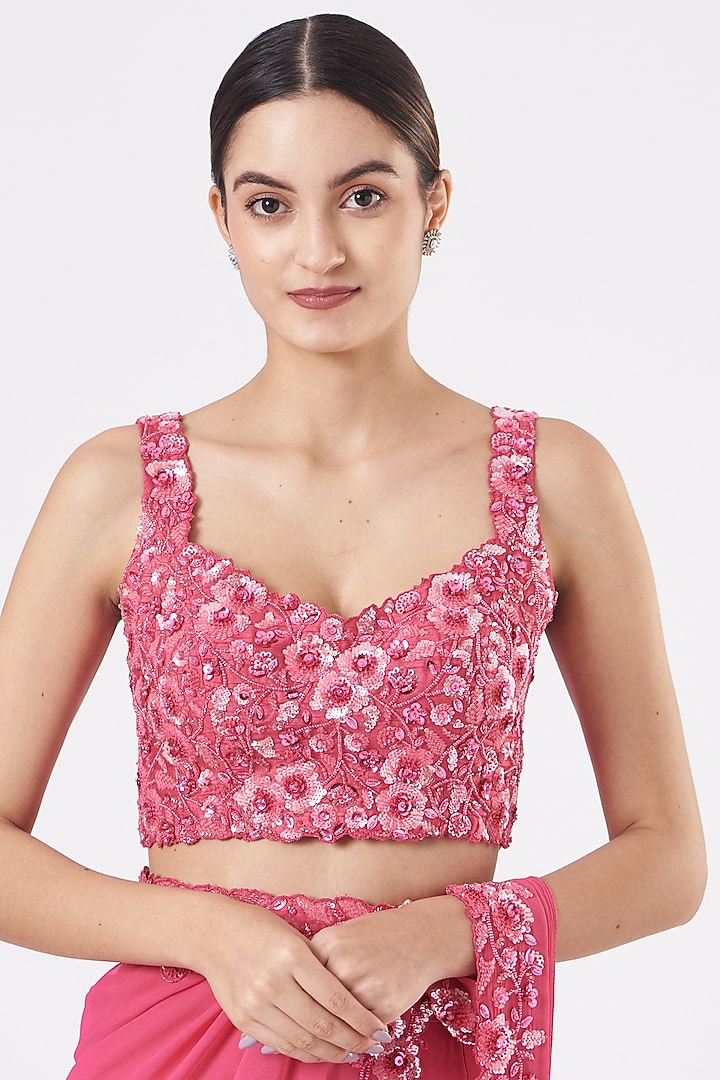 Fuschia Ruffled Pre-Stitched Wedding Saree Set by Kresha Lulla at Pernia's Pop Up Shop