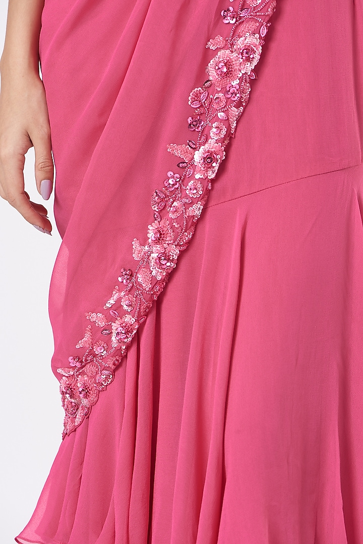 Fuschia Ruffled Pre-Stitched Wedding Saree Set by Kresha Lulla at Pernia's Pop Up Shop