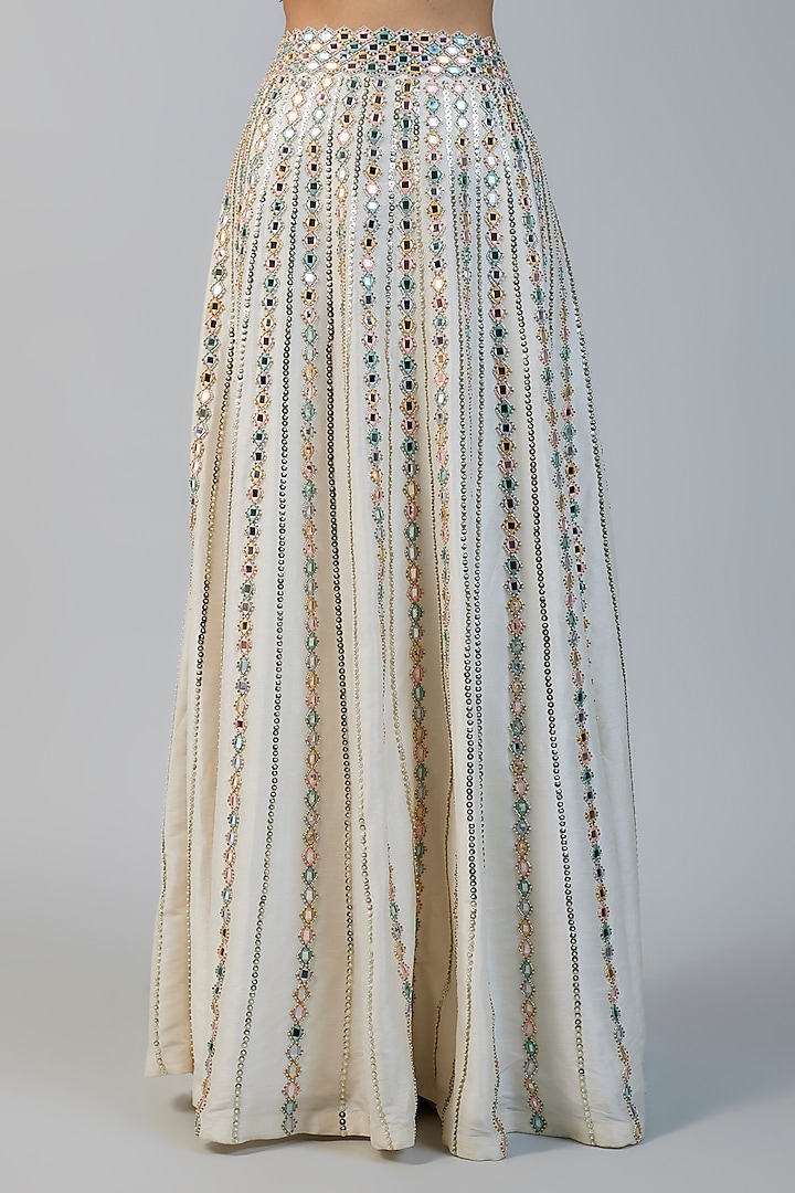 Ivory Raw Silk & Net Mirror Embroidered Wedding Lehenga Set by Kresha Lulla at Pernia's Pop Up Shop
