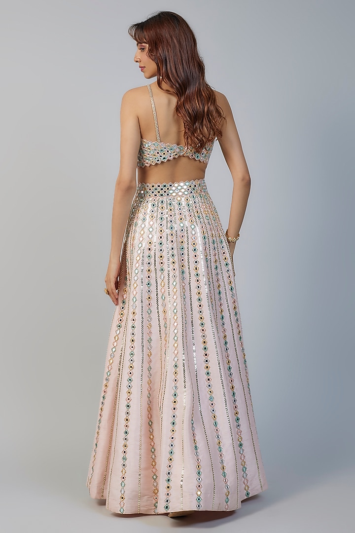 Pastel Pink Raw Silk & Net Mirror Embroidered Wedding Lehenga Set by Kresha Lulla at Pernia's Pop Up Shop