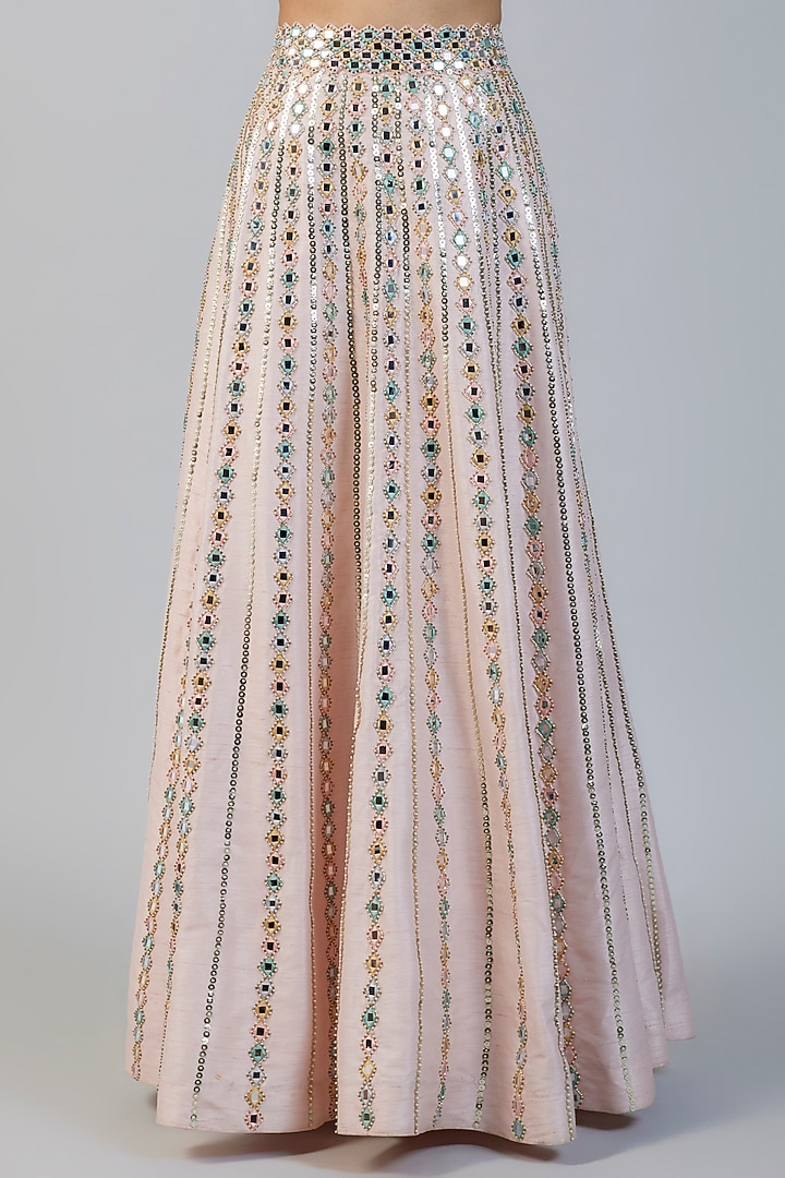 Pastel Pink Raw Silk & Net Mirror Embroidered Wedding Lehenga Set by Kresha Lulla at Pernia's Pop Up Shop