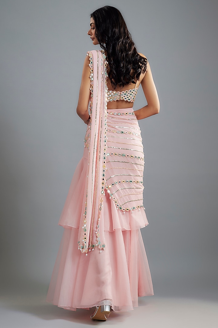 Pastel Pink Raw silk Mirror Embroidered Reception Saree Set by Kresha Lulla at Pernia's Pop Up Shop