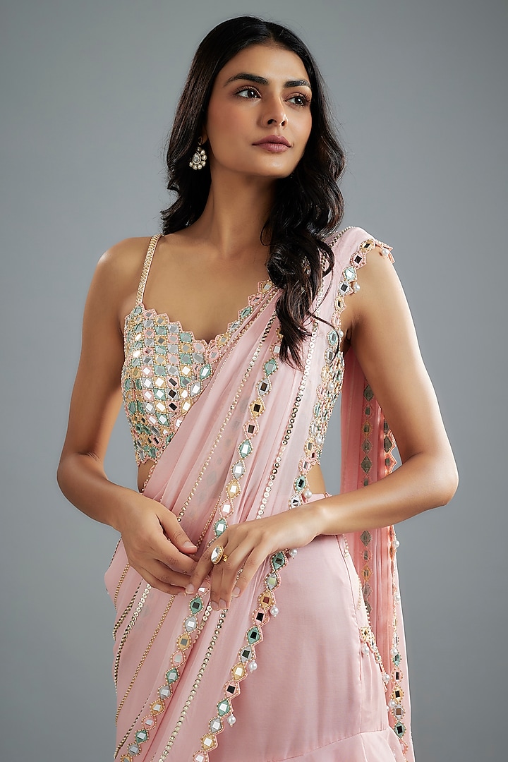 Pastel Pink Raw silk Mirror Embroidered Reception Saree Set by Kresha Lulla at Pernia's Pop Up Shop
